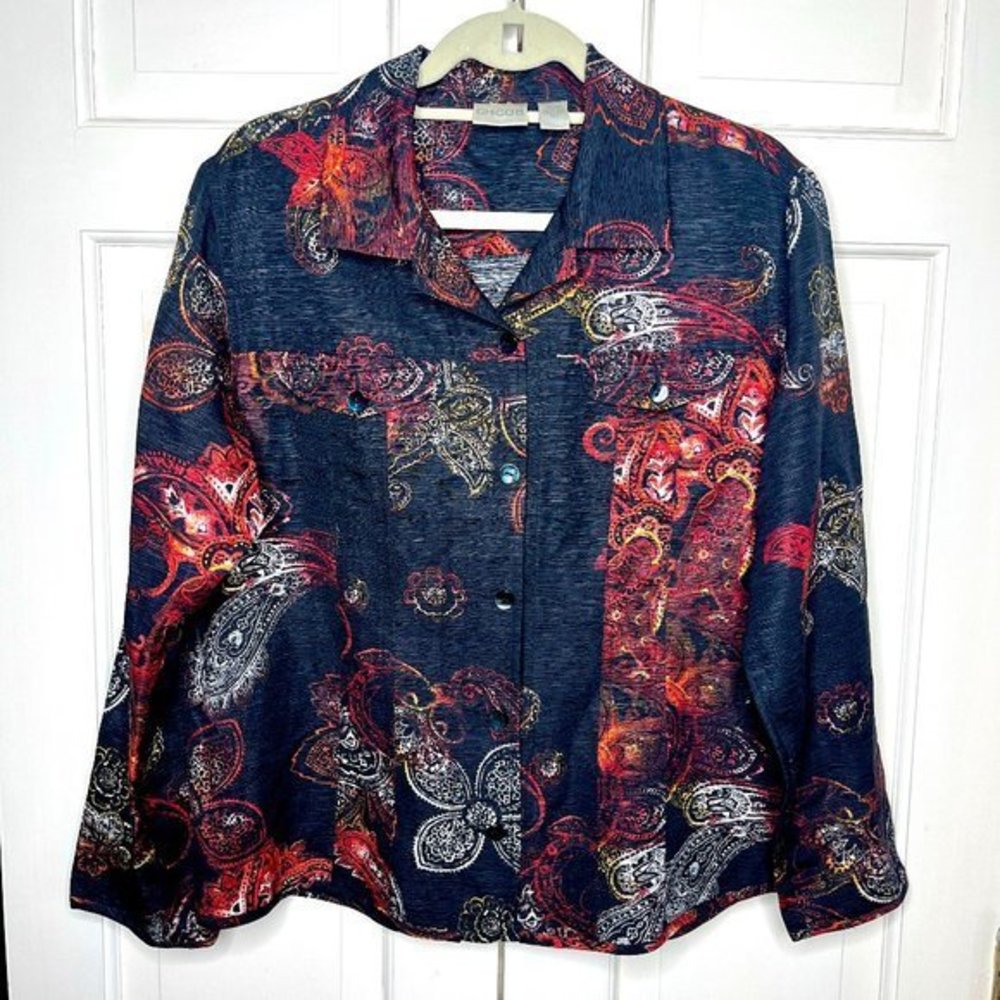 Chico's Black‎ Silk Linen Textured Long Sleeve Button Blouse Sz 2  Medium
